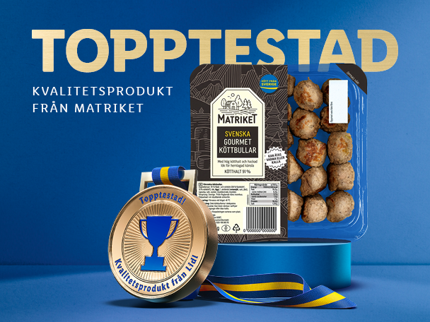 Topptestade svenska gourmetköttbullar med en guldmedalj på blå bakgrund.