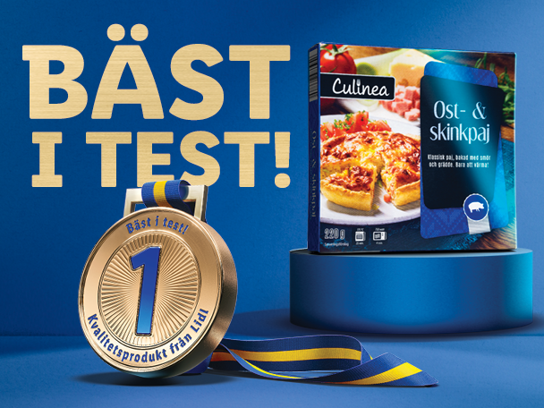 En medalj och en förpackning med ost- och skinkpaj från Culinea, med texten 'Bäst i test!'.