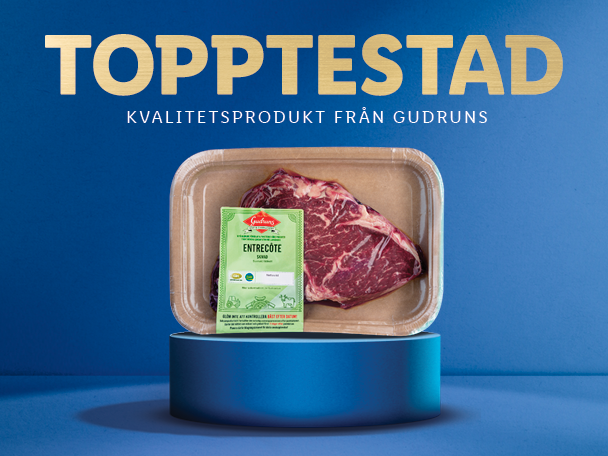En entrecote från Gudruns i en kartongförpackning, topptestad kvalitetsprodukt.
