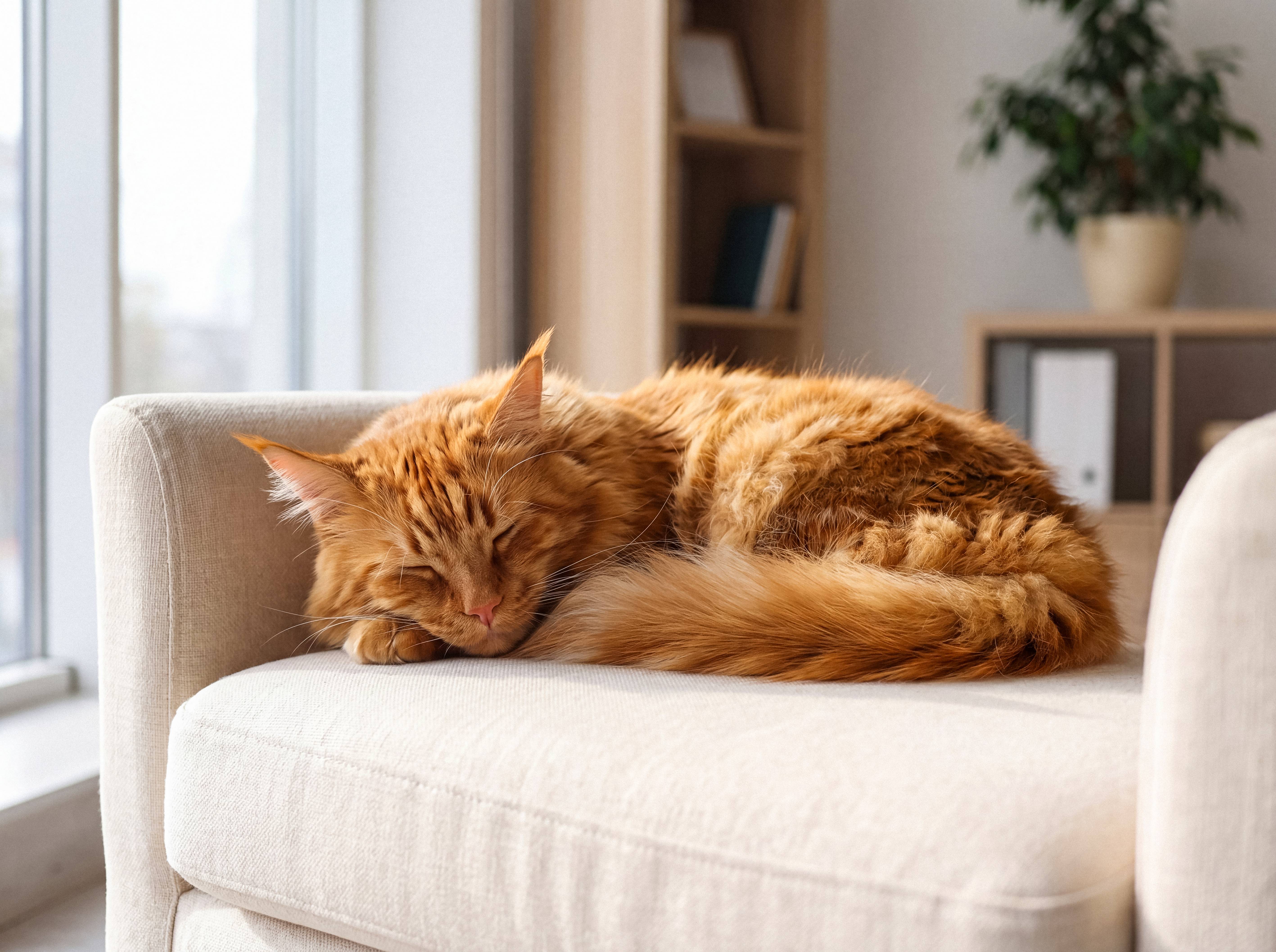 Rödhårig katt sover på en beige soffa i vardagsrummet.