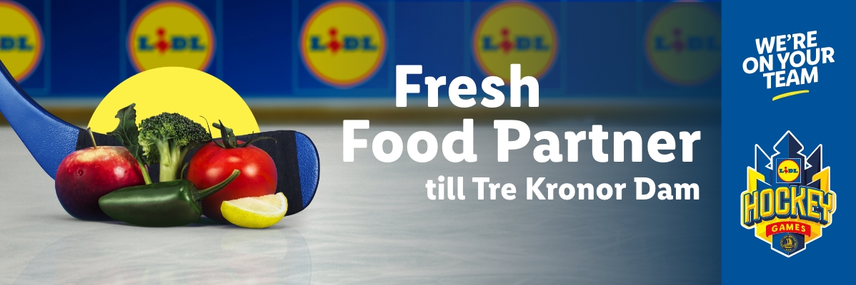 Lidl Fresh Food Partner till Tre Kronor Dam: Frukt och grönsaker med hockeyutrustning på is.
