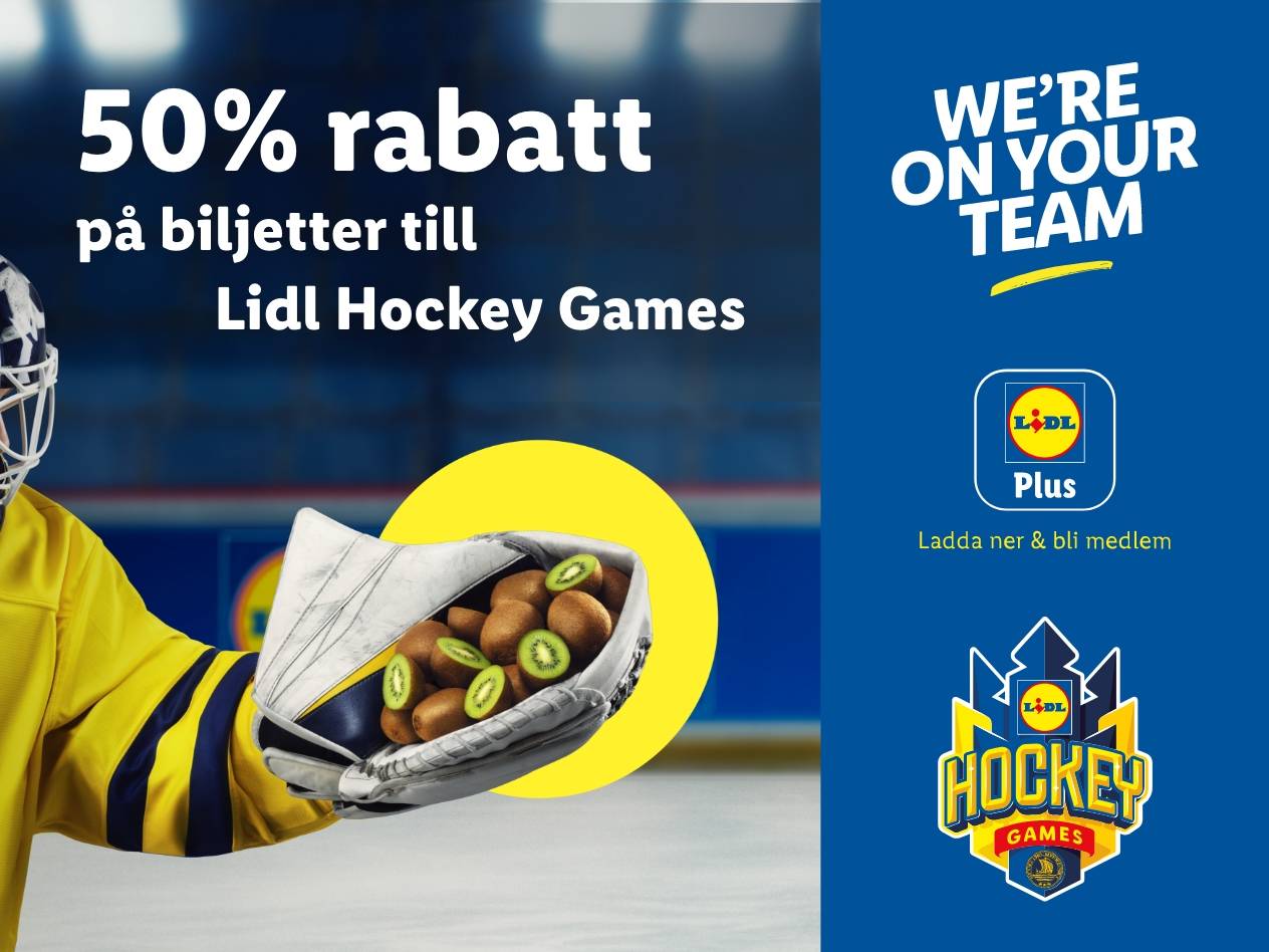 Lidl Hockey Games-reklam med en målvakt som håller en handske fylld med kiwi, erbjuder 50% rabatt på biljetter.