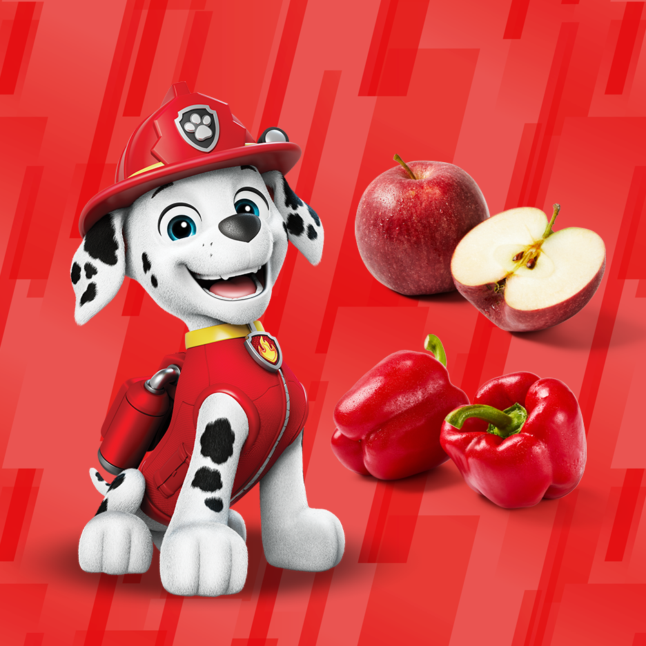 Paw Patrols Marshall med äpplen och röda paprikor på röd bakgrund.