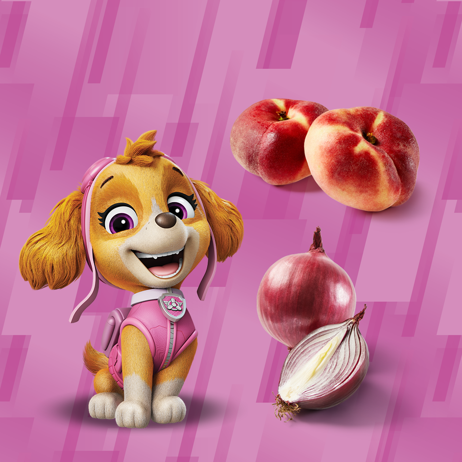 Skye från Paw Patrol med persikor och rödlök på rosa bakgrund.