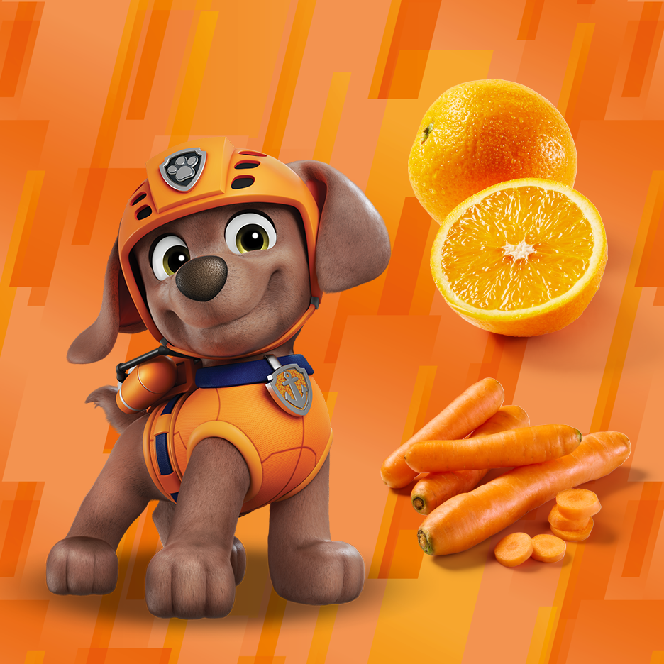 Tecknad valp med apelsiner och morötter på en orange bakgrund.
