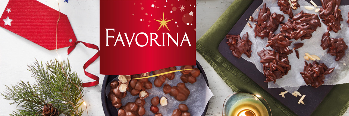 Favorina choklad: hasselnötter och mandlar i choklad, jultema.