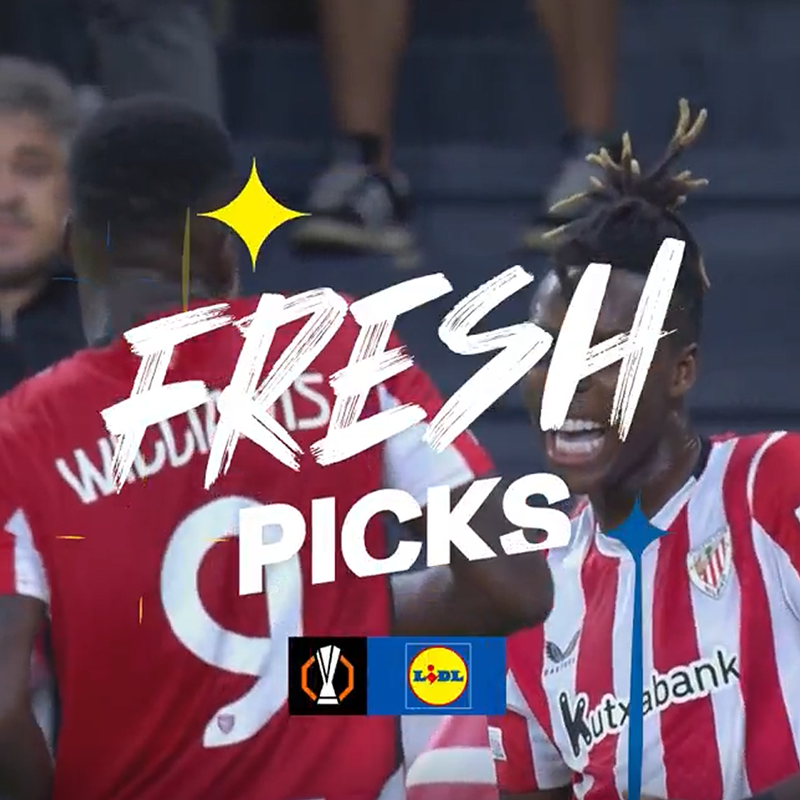 Fotbollsspelare i röda och vita tröjor med texten 'FRESH PICKS' och Lidls logotyp.
