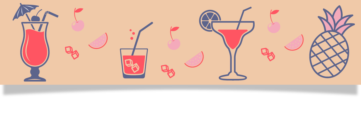 Illustration av somriga drinkar, frukter och isbitar på en beige bakgrund.