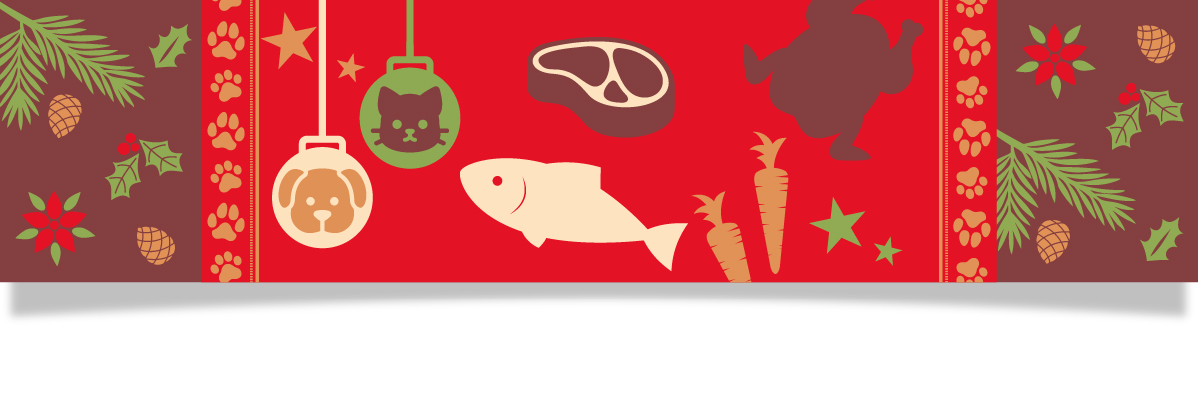 Juligt band med hund-, katt-, kött-, fisk- och grönsaksillustrationer.