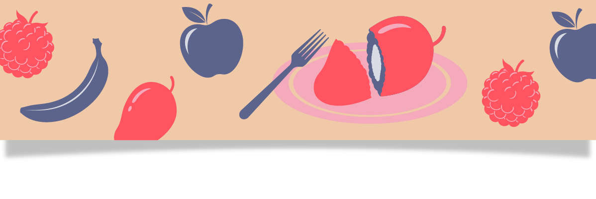 Fruktillustration med hallon, banan, mango, äpple och en delad frukt på en tallrik med en gaffel.