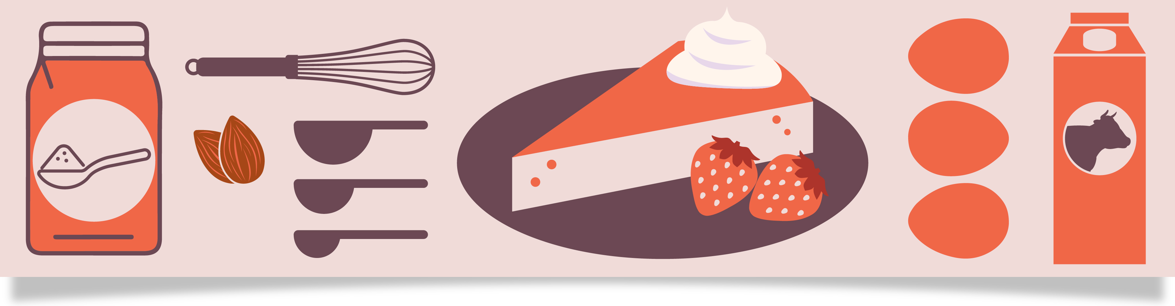 Ingredienser för bakning: mjölk, ägg, mandel, mjöl, visp, mått och en tårtbit med jordgubbar.