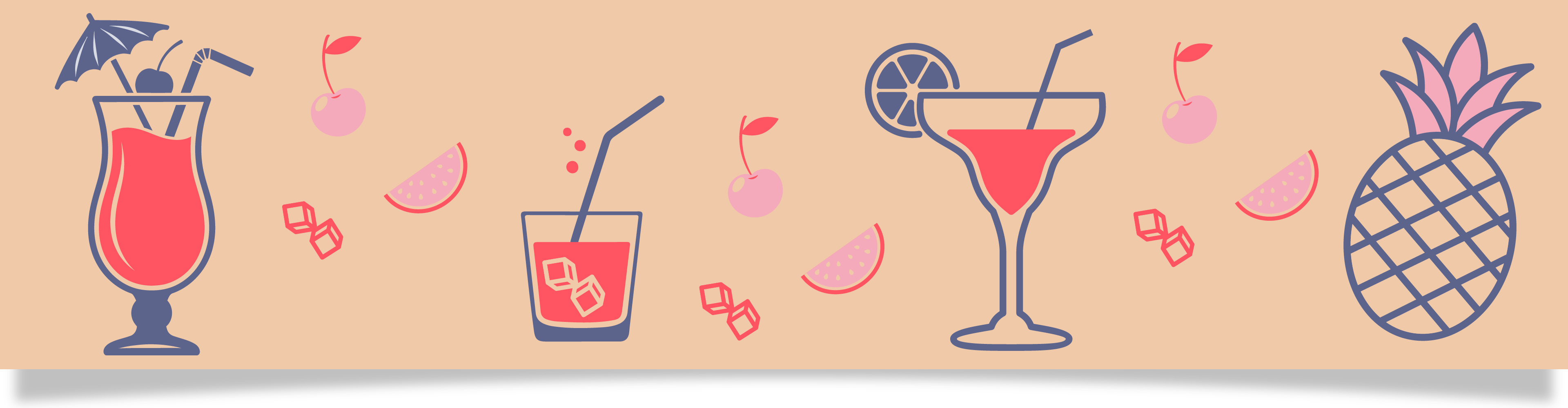 Illustration av somriga drinkar, frukter och isbitar på en beige bakgrund.