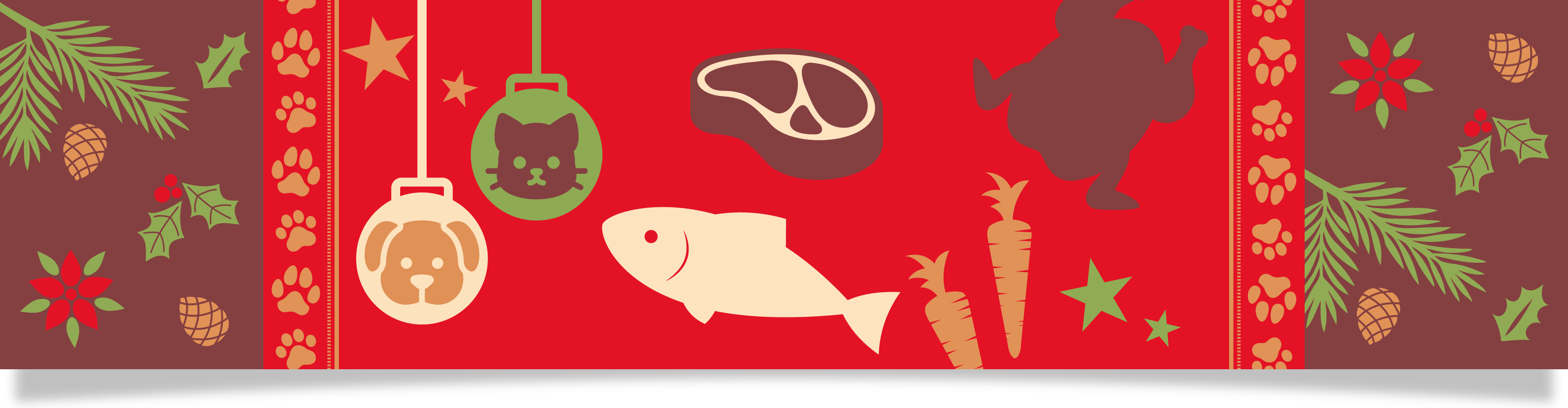 Juligt band med hund-, katt-, kött-, fisk- och grönsaksillustrationer.