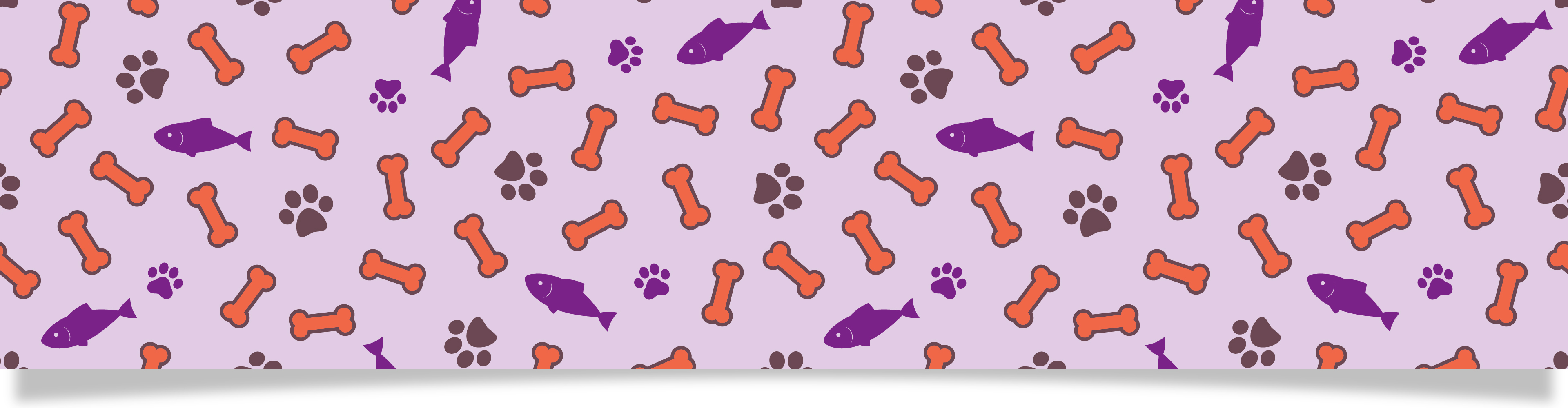 Mönster med hundben, tassar och fiskar på lila bakgrund.