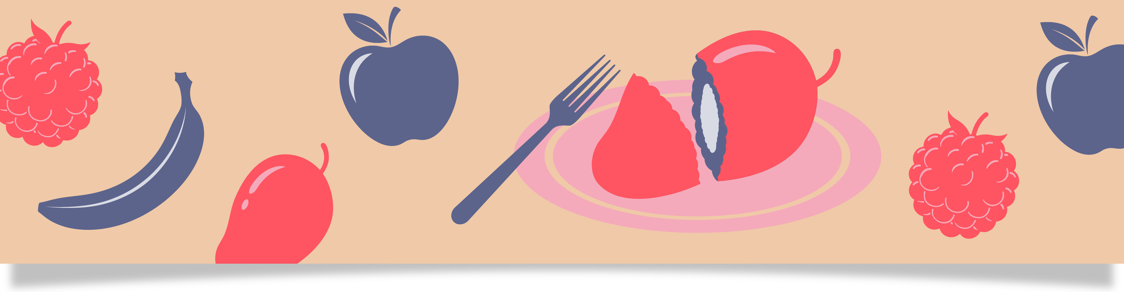 Fruktillustration med hallon, banan, mango, äpple och en delad frukt på en tallrik med en gaffel.