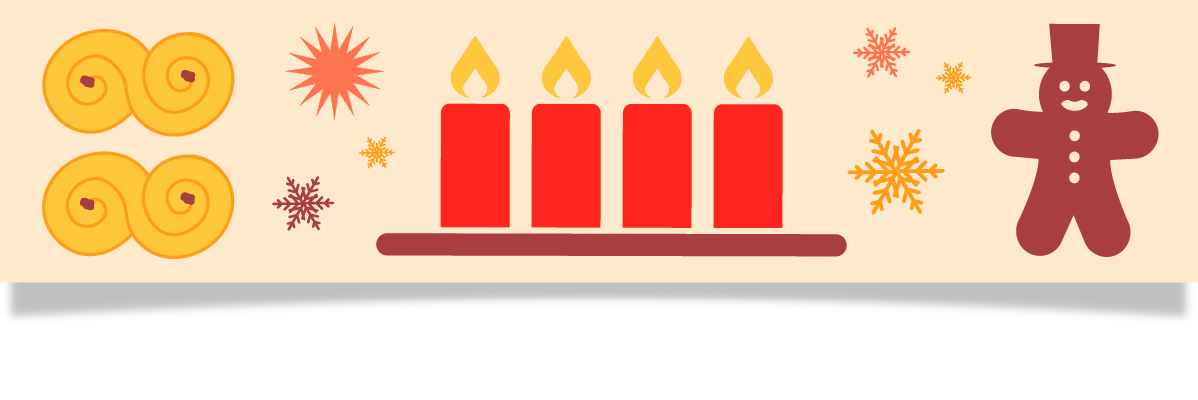 Adventskalender med lussekatter, snöflingor, adventsljus och pepparkaksgubbe.