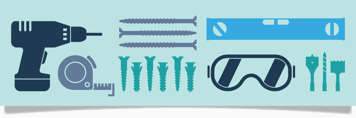 Skruvar, borrmaskin, vattenpass och skyddsglasögon: gör-det-själv-verktyg.