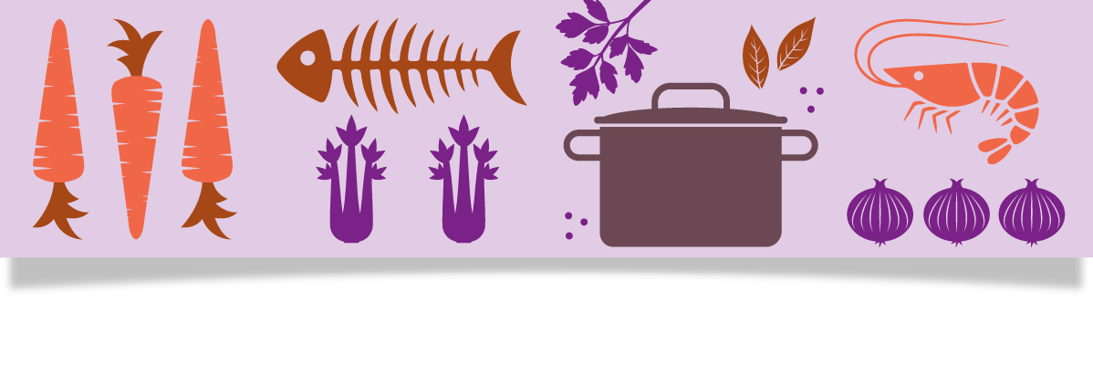 En illustration av matlagningsingredienser: morötter, fiskskelett, selleri, persilja, gryta, lagerblad, räkor och lök.