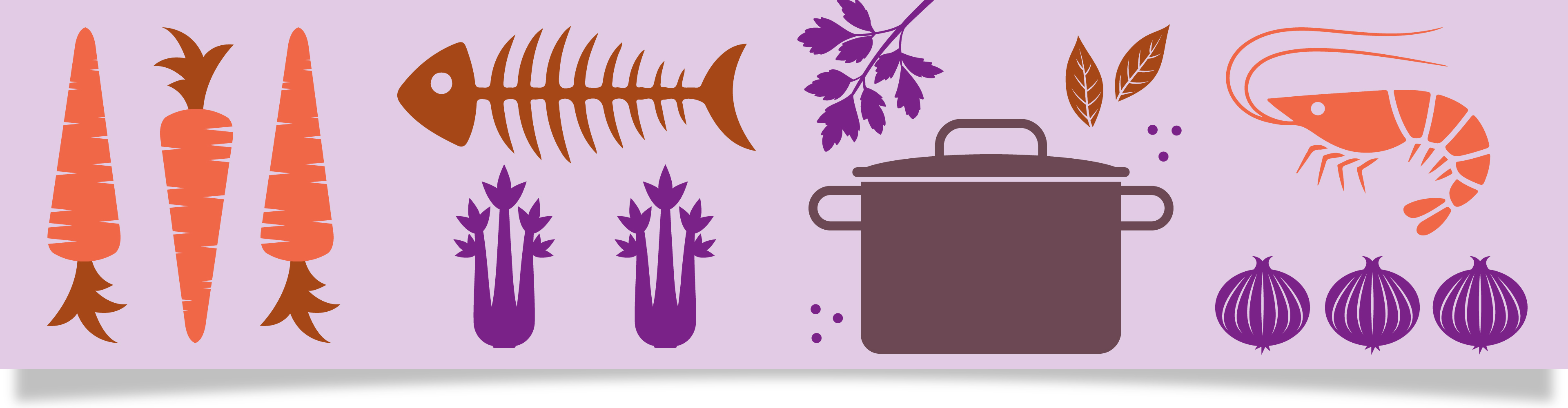 En illustration av matlagningsingredienser: morötter, fiskskelett, selleri, persilja, gryta, lagerblad, räkor och lök.