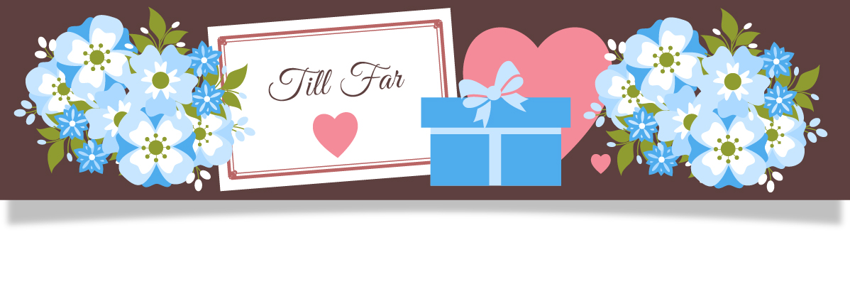 Blommor, present och kort med texten 'Till Far'.
