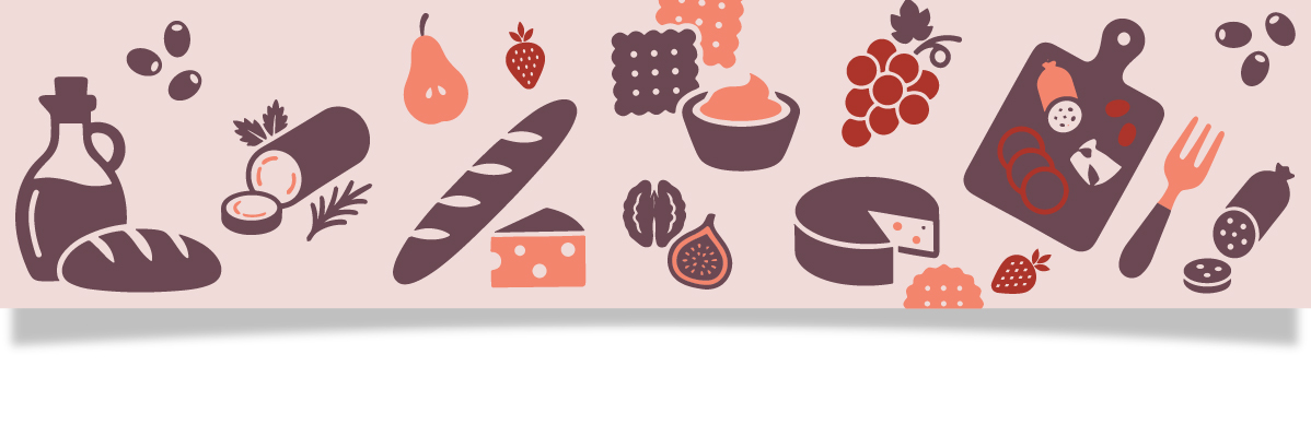 En illustration av en charkbricka med ost, bröd, korv, frukt, kex och dipp.