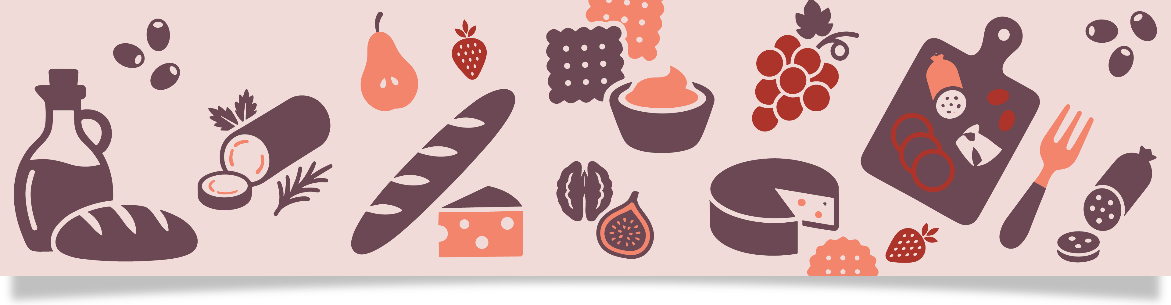 En illustration av en charkbricka med ost, bröd, korv, frukt, kex och dipp.