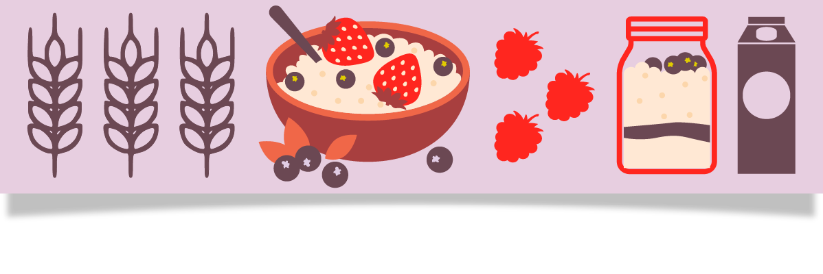 Illustration av en frukost med havregrynsgröt, bär, mjölk och vete.