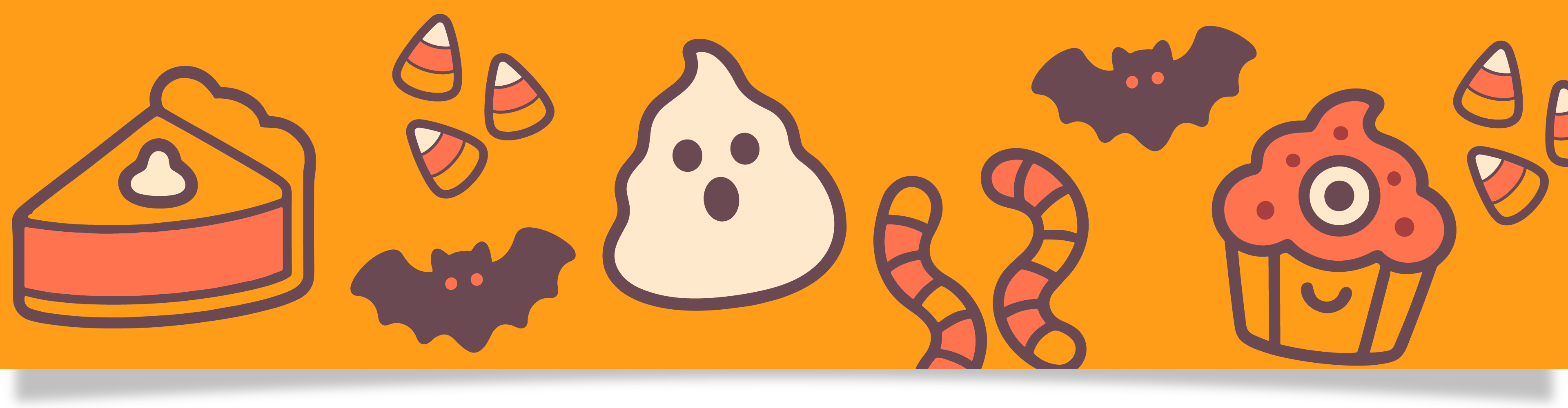 Halloween-godis och bakverk som pumpapaj, godismajs, spöke, maskar, fladdermöss och cupcake.