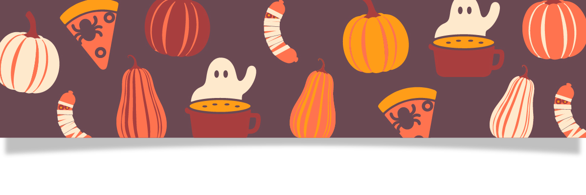 Halloween-tema med pumpor, spökdrycker, pizzaskivor och mumiekorvar.