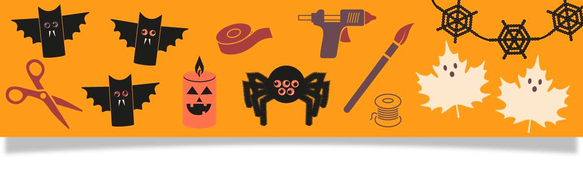 Halloweenpyssel: fladdermöss, spindel, ljus och dekorationer.
