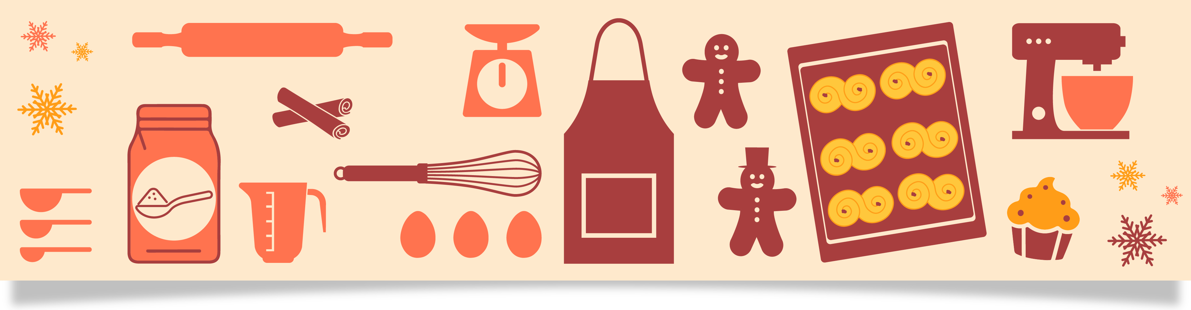 Bakredskap och julbakverk som pepparkakor och lussebullar.