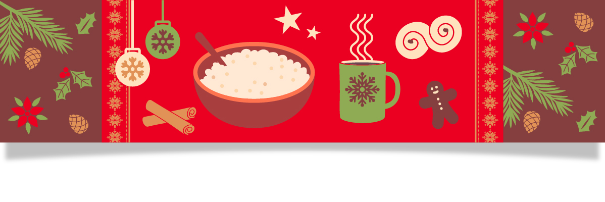 Julig illustration med gröt, varm dryck, pepparkaksgubbe och julpynt.
