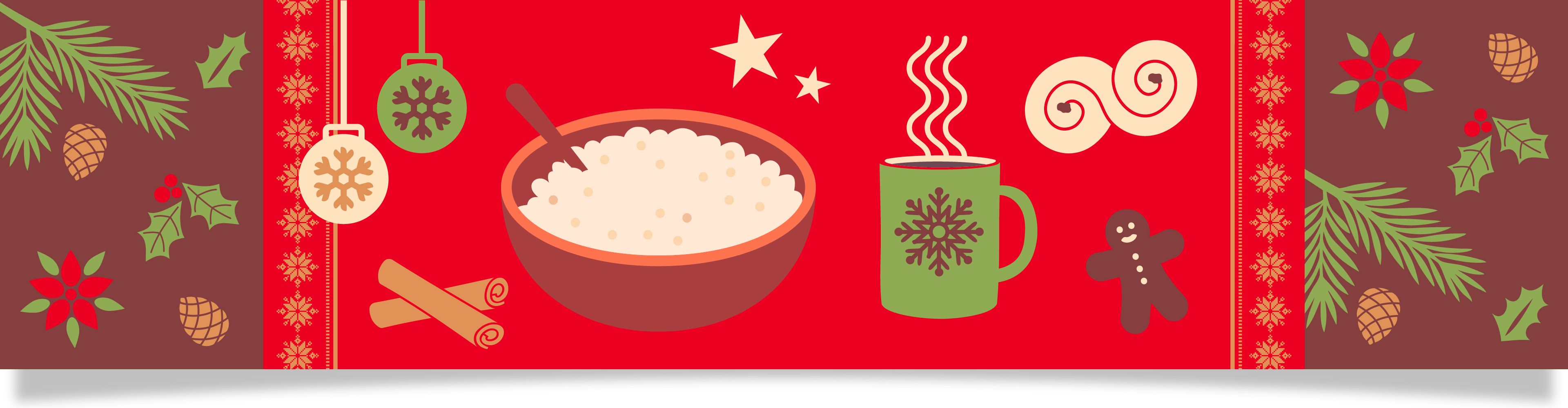 Julig illustration med gröt, varm dryck, pepparkaksgubbe och julpynt.