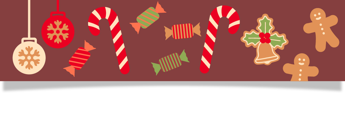 Julgodis och dekorationer: polkagrisar, inslagna karameller, pepparkakor och julgranskulor.