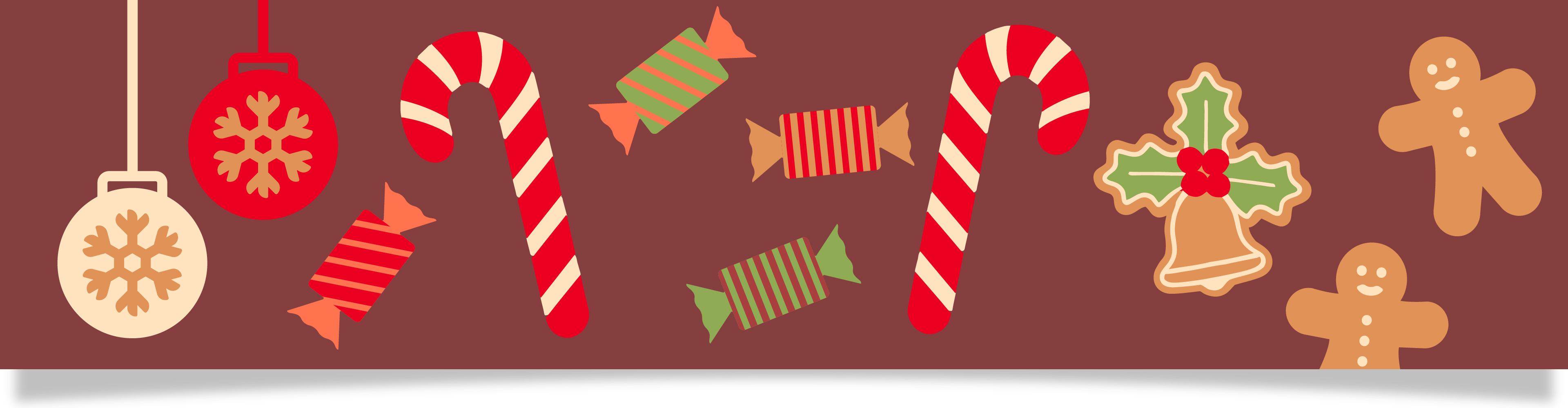 Julgodis och dekorationer: polkagrisar, inslagna karameller, pepparkakor och julgranskulor.