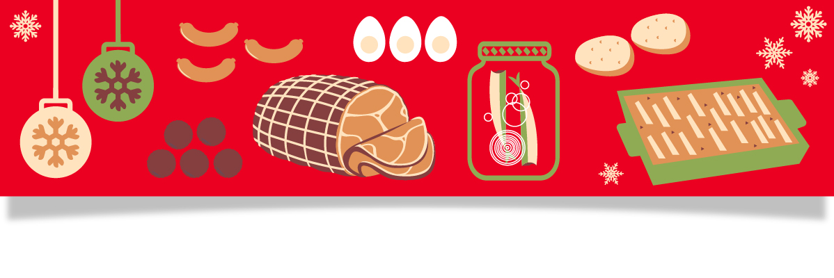 Julmat: Skinka, korv, potatis, ägg och inlagd gurka.
