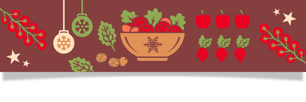 Julig illustration med tomater, sallad, äpplen, rädisor och julgranskulor.