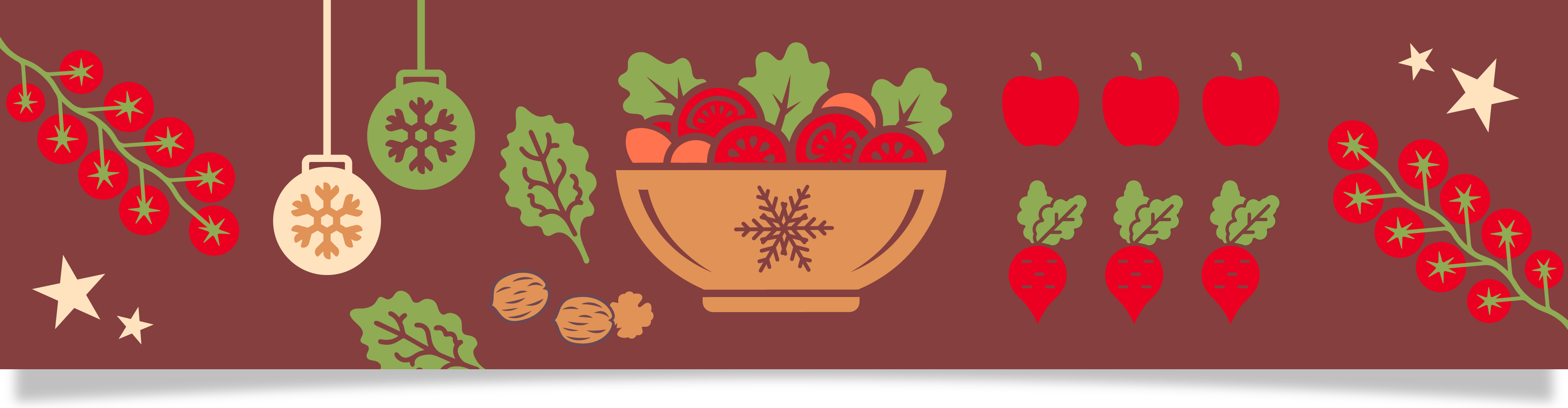 Julig illustration med tomater, sallad, äpplen, rädisor och julgranskulor.