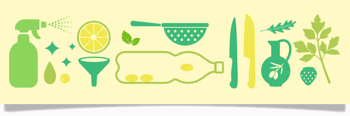 Sprayflaska, citron, knivar och oliver: ingredienser och köksredskap.