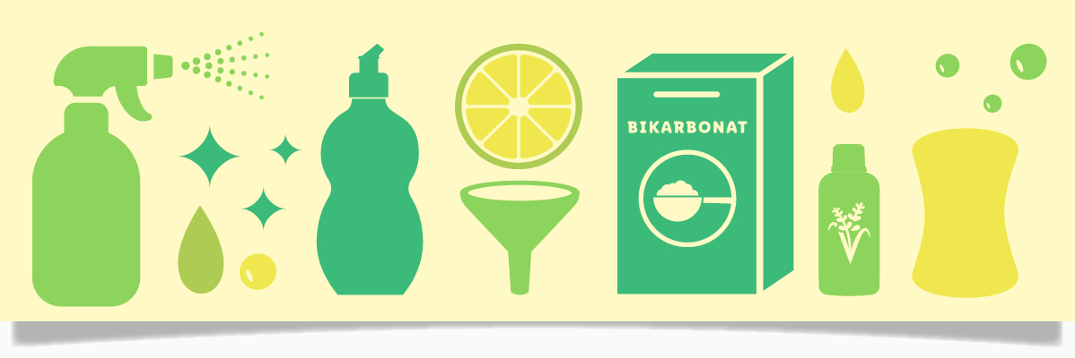Sprayflaska, diskmedel, bakpulver och eteriska oljor.