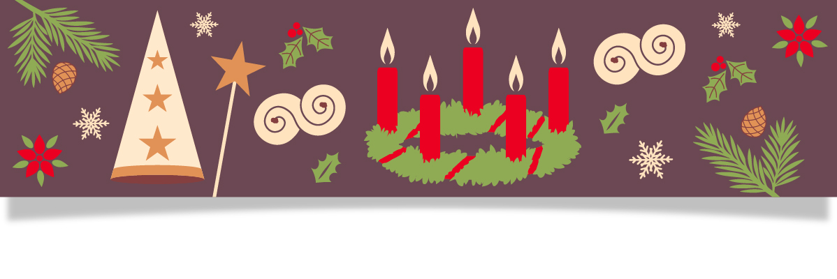 Juldekorationer med adventsljus, grankvistar, kottar, stjärnor och snöflingor.
