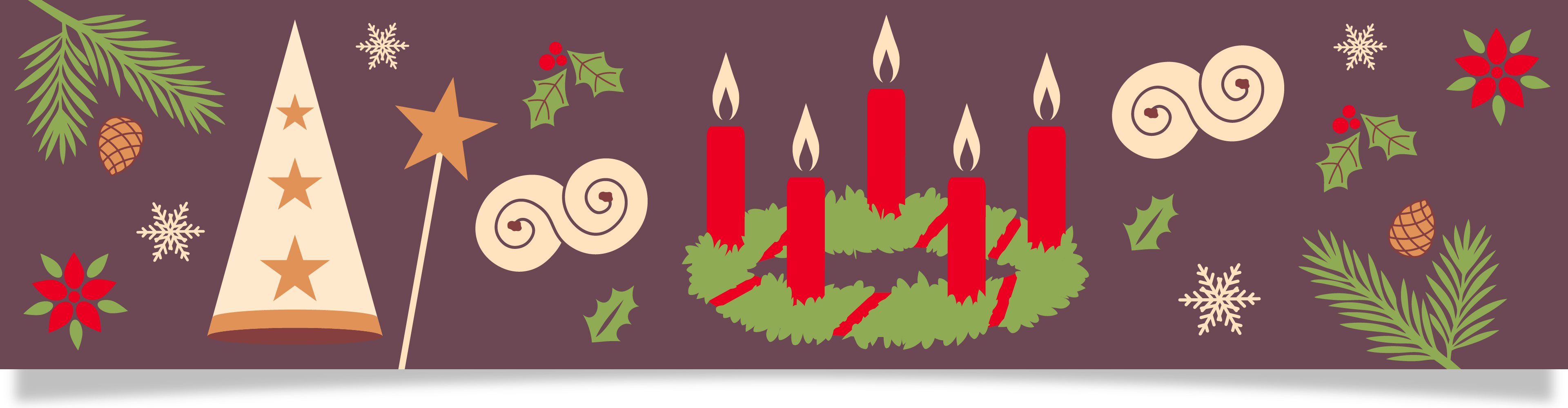 Juldekorationer med adventsljus, grankvistar, kottar, stjärnor och snöflingor.