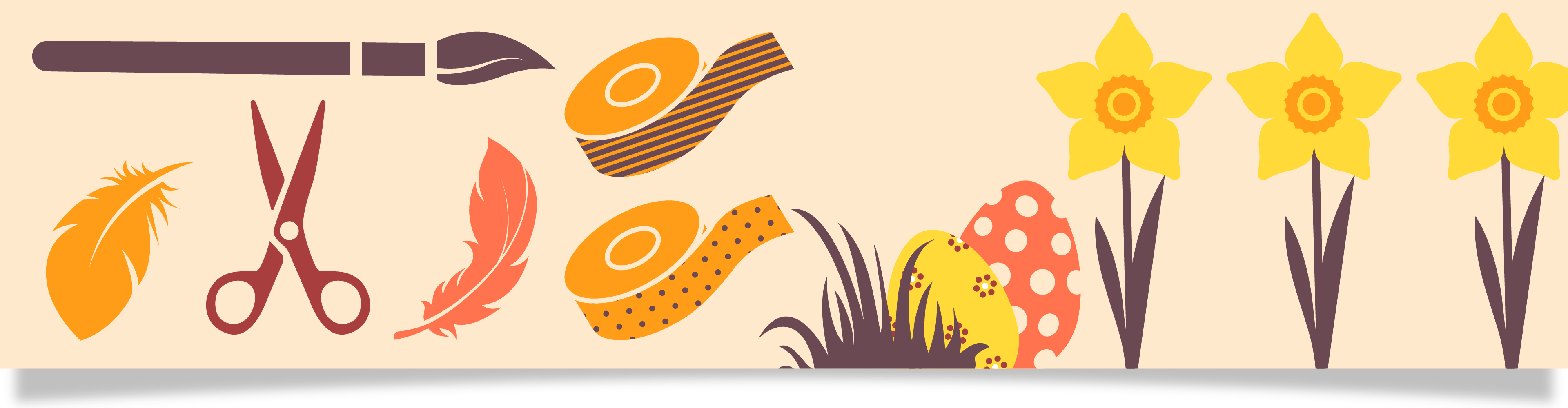 Påskpyssel med pensel, fjädrar, sax, tejp, påskägg och påskliljor.