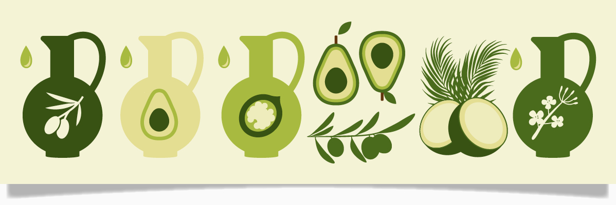Olivolja, avokado och andra oljor i kannor.