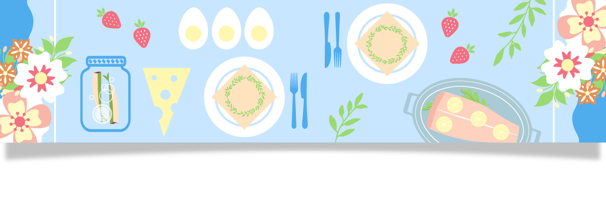 Lax, ägg, ost och smörgås på ett blått bord med blommor.