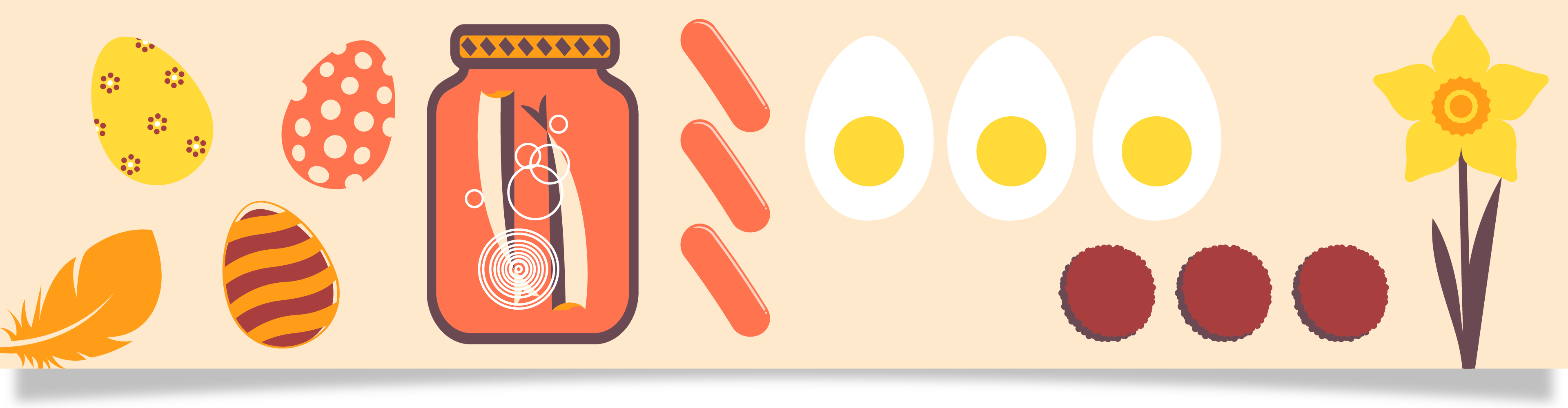 Påskägg, inlagd sill, kokta ägg, köttbullar och en påsklilja.