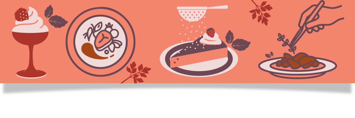 En illustration av desserter och maträtter, inklusive en drink, en huvudrätt, en tårta och en garnerad rätt.