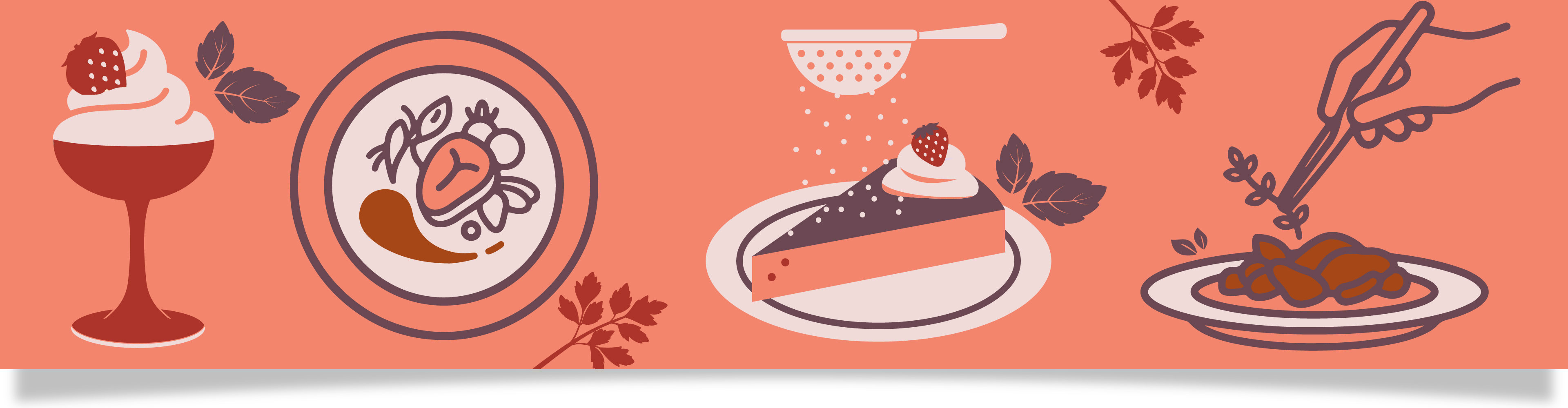 En illustration av desserter och maträtter, inklusive en drink, en huvudrätt, en tårta och en garnerad rätt.