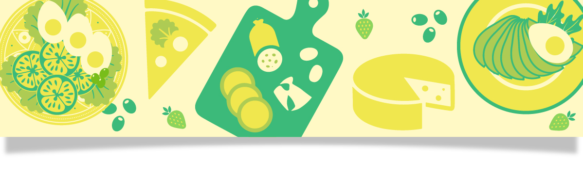 En illustration av olika livsmedel som sallad med ägg och gurka, pizza, charkuterier, ost och avokado.