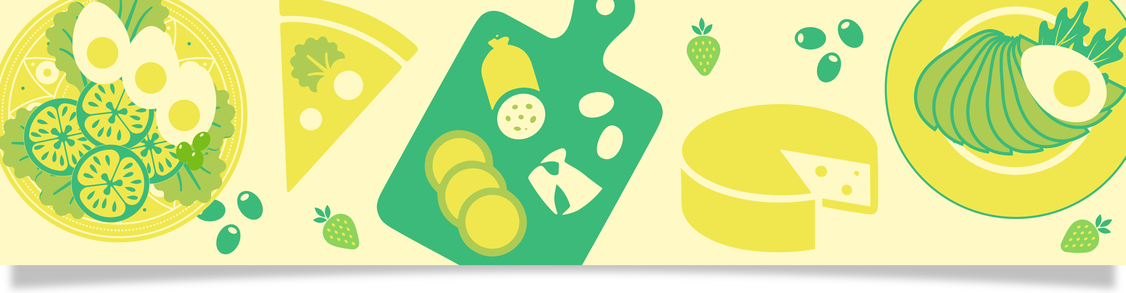 En illustration av olika livsmedel som sallad med ägg och gurka, pizza, charkuterier, ost och avokado.